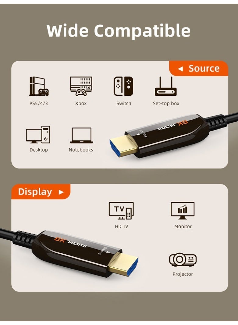 كابل تايم كابل كابل تايم البصري النشط HDMI 2.1، يدعم دقة 8K بمعدل 60 هرتز ودقة 4K بمعدل 144 هرتز، بسرعة فائقة تصل إلى 48 جيجابت في الثانية، يدعم تقنية HDR وEARC وHDCP. كابل HDMI 2.3 من الألياف الضوئية متوافق مع PS5 وXbox Series X والتلفزيون وجهاز العرض والشاشة. - Image 2